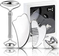Stainless Steel Face Roller & Gua Sha Set Cooling Facial Massage Tools for Face, Neck & Eyes, Smooth Skincare Routine, Durable Metal Beauty Tools for Daily Self-Care