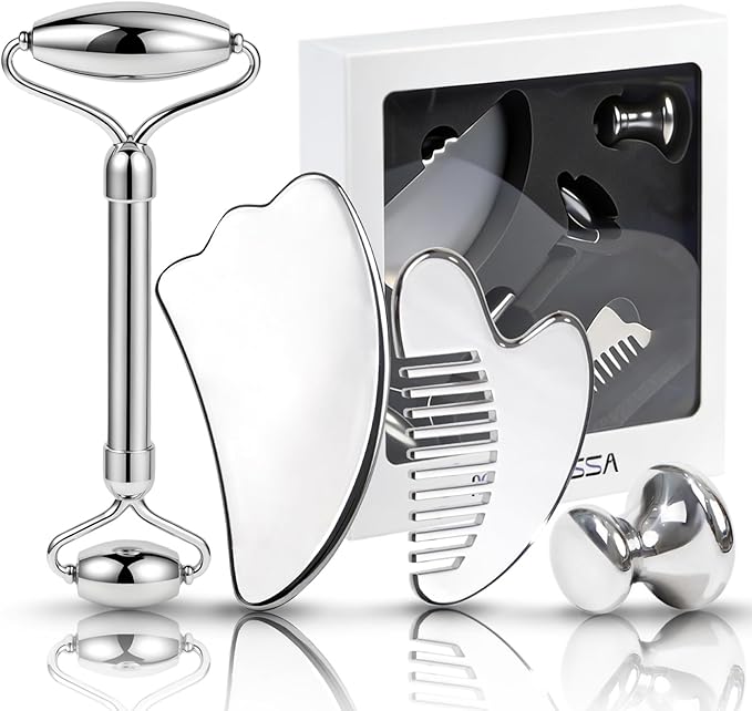 Stainless Steel Face Roller & Gua Sha Set Cooling Facial Massage Tools for Face, Neck & Eyes, Smooth Skincare Routine, Durable Metal Beauty Tools for Daily Self-Care