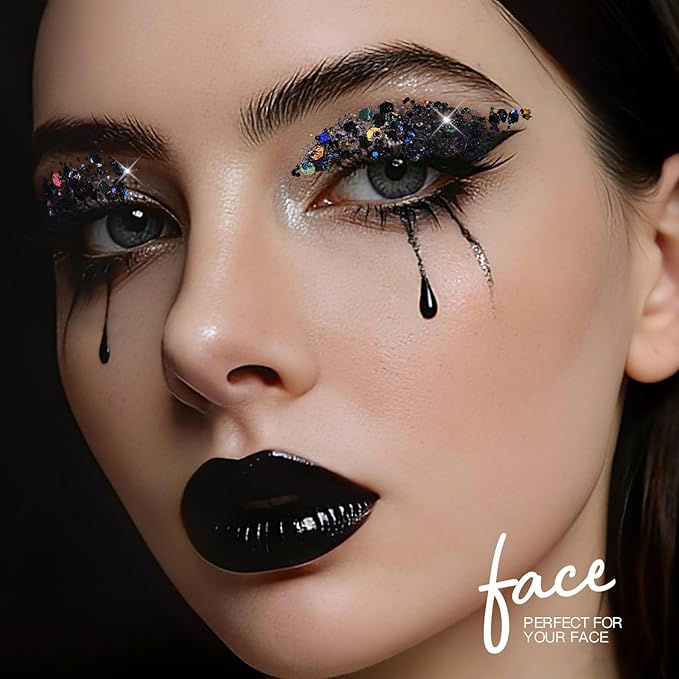 Teenitor 80g Body Glitter Face Glitter Gel, Holographic Black Hair Glitter for Kids, Face Glitter for Women, Rave, Makeup, Festival, Eye, Hair Glitter Gel for Halloween