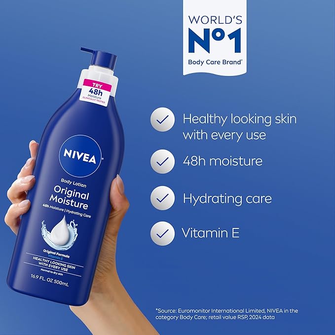 NIVEA Original Moisture Body Lotion with Vitamin E,48-Hour Body Moisturizer for Normal to Dry Skin,16.9 Fl Oz Pump Bottle, (Pack of 2)