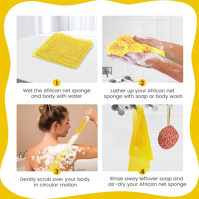 ZOCY African Net Sponge, Authentic Exfoliating Body Scrubber for Bath and Shower, Multiple Textures with Gentle Deep Exfoliating and Rich Lather for All Skins (Yellow)