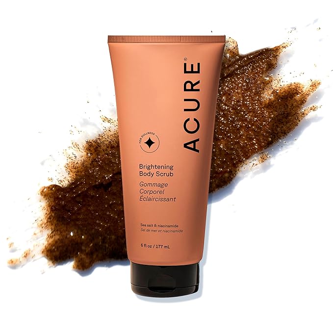Acure Brightening Body Scrub - Exfoliating Body Scrub with Sea Salt, Scrubber for Men & Women to Smooth Sensitive Skin & Remove Dead Skin Cells, Exfoliator with Clay & Niacinamide Extract - 6 fl oz