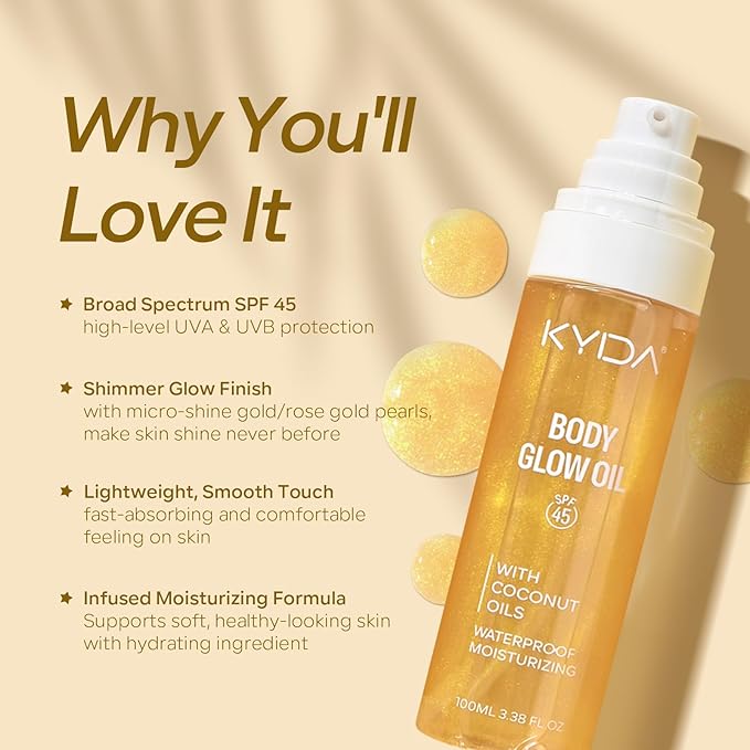 KYDA Travel Size Sunscreen, SPF 45 Body Glow Oil with Sequin Mica, Lightweight Moisturizing Coconuts Sunscreen SPF Glow Oil, Sun-kissed Shimmer Body Lotion, Water Resistant, 3.38 fl oz, GOLD