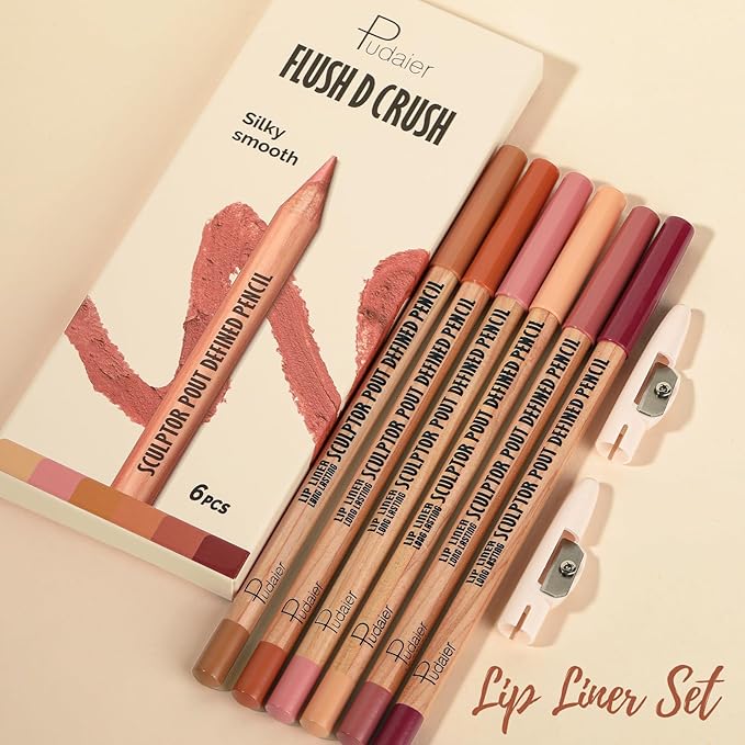 Pudaier 6Pcs Lip Liner Set, Nude-Pink Matte Series Lip Liner with 2 Sharpeners, Smooth & Longer-Lasting LipLiner for Women, High Pigmented Waterproof Lip Liner Pencil for Defining & Filling Lips
