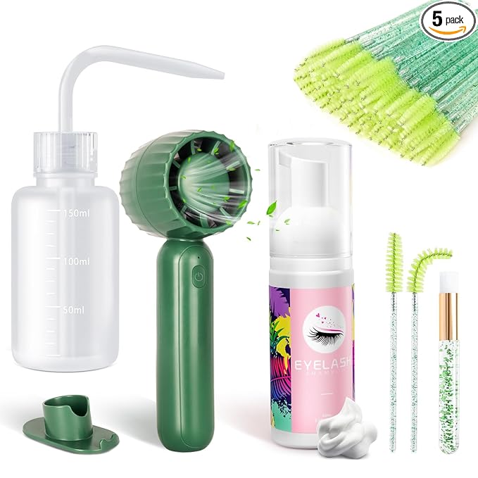 Buqikma Lash Cleaning Kit - Lash Shampoo 60ML with Rechargeable Handheld Fan Dryer, Mascara Brush, Rinse Bottle, Makeup Cleansing Foam for Eyelash Extension Care, Green