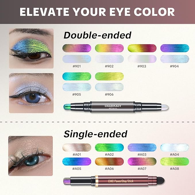 CHARMACY New Duochrome Long Stay Eyeshadow Stick, Creamy Eye Shadow Stick, Multicolor-Shifting Glitter Eyeshadow, Waterproof & Smudge-Proof, High Pigmented, Built-in Smudger #08