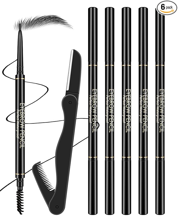 Black Eye Brow Pencils for Women, 6Pcs Waterproof Eyebrow Pencil Set, Ultra Fine Tip for Perfect Eye Liner Brows, Long Lasting Makeup Professional Shaping & Filling Brow Gel Pen with Eyebrow Razor-01