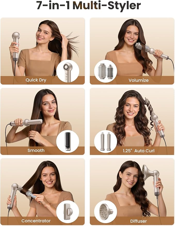 O.H.B 7 in 1 Hair Styler & High Speed Dryer Brush, 110,000RPM Blow Dryer Brush, Ionic Air Styler with Fast Drying, No Heat Damage Air Multi Styler for Volumize, Curl, Straighten, Travel Case, Gold
