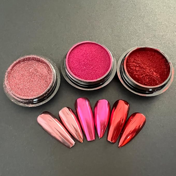 3 Jars Pink Chrome Nail Powder Kit - Metallic Mirror Effect Nail Art Powder for Gel Polish, Pink Rose Red Set