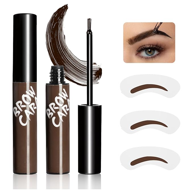 Brow Tattoo Peel Off Gel - Long-Lasting Makeup & Waterproof Eyebrow Gel with Eyebrow Stencils, Transfer-Proof Eye Brow Pencils for Women Create Fuller & Defined Looking Brows (Dark Brown)
