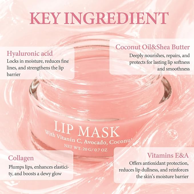 lip Mask Overnight, 24-Hour Intensive Repair for Dryness & Cracking, Lip Sleeping Mask with Hyaluronic Acid, Collagen, Vitamin A & E, Long-Lasting Hydration, Gentle Formula, Lightweight, 0.7Oz
