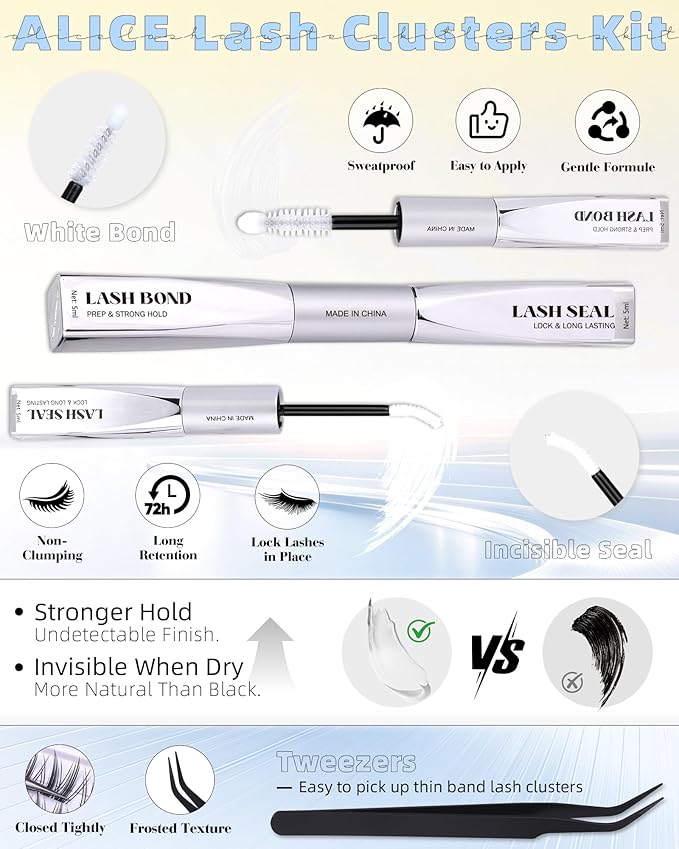 Spider Lash Clusters Kit Wispy Eyelash Clusters Kit Natural Cluster Eyelash Extension Kit CC-Curly 8mm-14mm Invisible Band Individual Lashes with White Bond and Seal DIY at Home