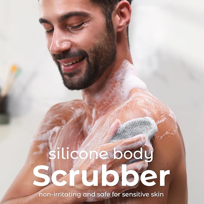 MainBasics Silicone Body Scrubber Dual-Sided Shower Loofah and Exfoliator (Black, Exfoliate)