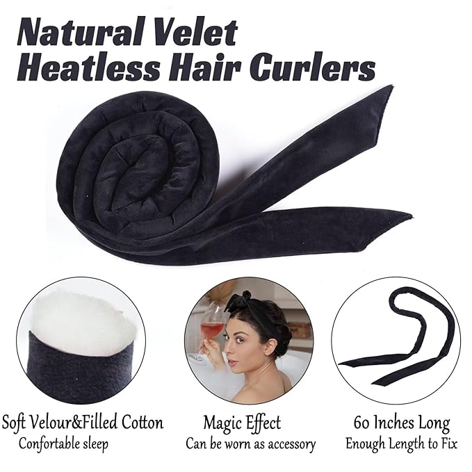 Heatless Curling Rod Headband For Long Hair Overnight Curlers to Sleep In 61" Hair Rollers Soft Cotton Velour Hair Rollers For Women Girls-Black