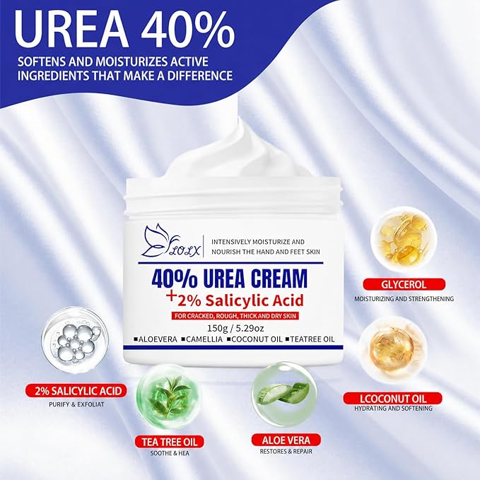 Urea Cream 40 Percent for Feet Maximum Strength, Urea Cream 40% Plus Salicylic Acid 2% for Rough, Dry, Thick & Cracked Skin, Deep Hydration, 5.29 Oz, Non-Greasy (5.29 Oz)