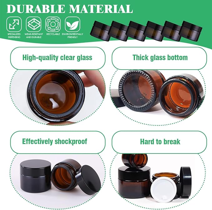 120Pcs 15g Amber Glass Jars Assortment Kit with Inner Liners and Black Lids, Spoons and blank labels for Storing Lip and Body Scrub, Lotion, Body Butter, Bath Salts