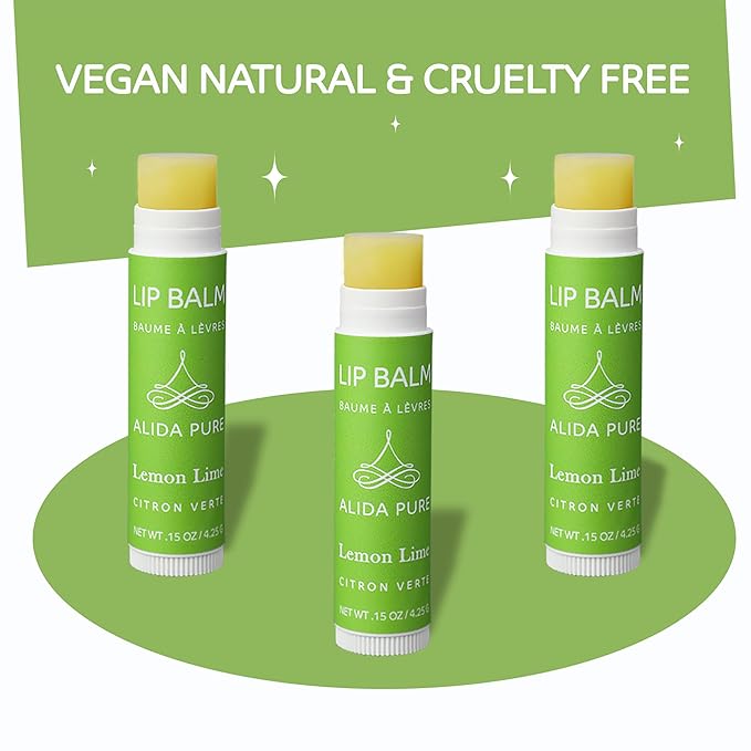 Lemon Lime Lip Balm Collection, Vegan Set, Bees Wax Free, Organic Jojoba and Avocado Oil, Vitamin E, Moisturizer for Dry Cracked Lips, 3 Tubes per Set