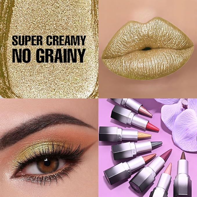 evpct Gold Shimmery Metallic Lip Liner and Lipstick Combo, Cone Tip Lip Crayon for Women Long Lasting Waterproof, Metal Shinny Hydrating Lipstick Makeup, Glitter Lips Liner Pencil for Shimmery Shade