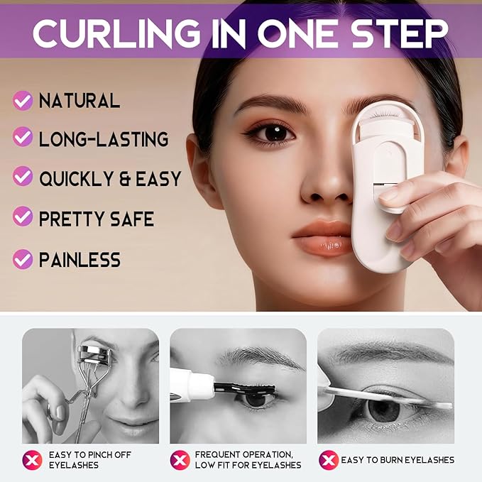 Heated Eyelash Curler, Electric Lash Curler with 3 Temperature Settings, Type-C Rechargeable & 10-Second Fast Heating for Long-Lasting Curls, Mini Travel-Friendly Design (Pink)