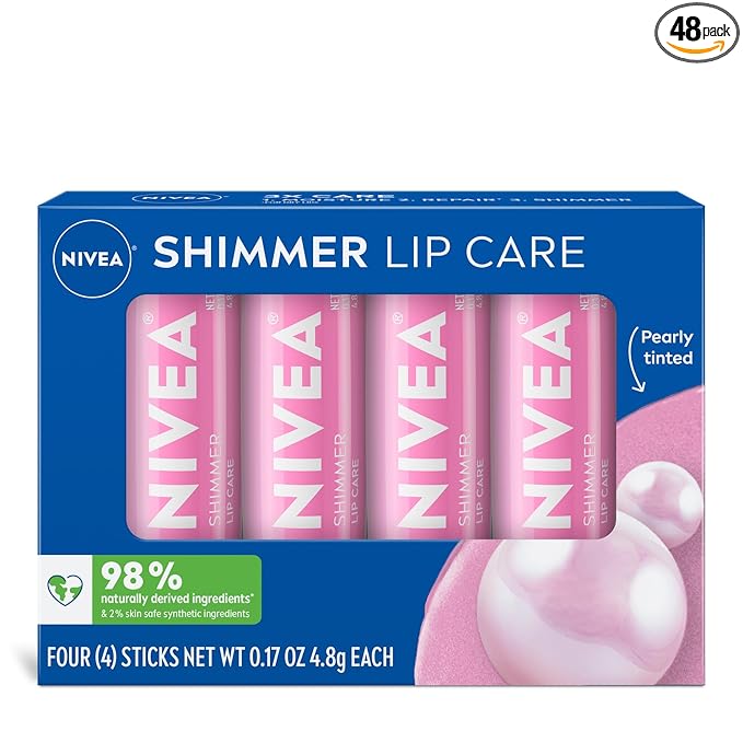 NIVEA Shimmer Lip Care, Shimmery Lip Balm Pack with Shea Butter, Nourishing Oils and Vitamin C & E, 3-in-1 Moisture, Repair and Shimmer, 0.17 Oz Stick, Pack of 48