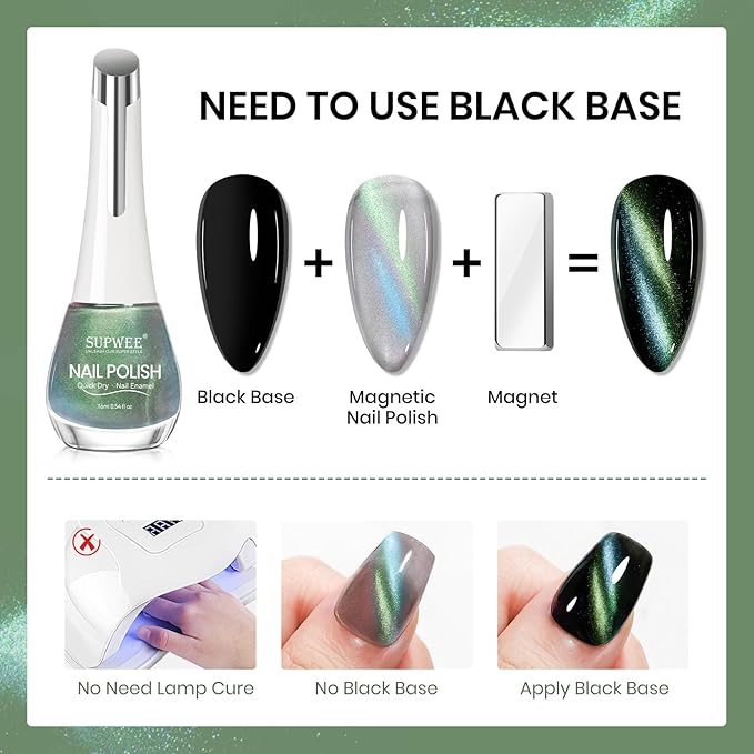 Magnetic Nail Lacquer Non Gel (Need Use Black Nail Polish), Quick Dry Cat Eye Nail Polish with Magnet Cateye Fingernail Polish Air Fast Drying Manicure