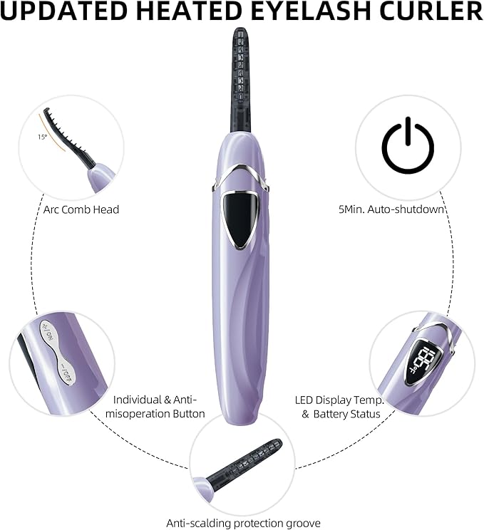 Heated Eyelash Curler, S600 Heated Lash Curler, Accurate Temperature Control Electric Eyelash Curler Heated - Intelligent Power Off, Long Lasting (Pale Mauve/Silver, S600-148MM)