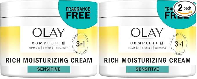 Olay Face Moisturizer,Complete+ Rich Moisturizing Cream-Fragrance-Free,Gentle for Dry&Sensitive Skin,3-in-1 Hydrating to Strengthen,Nourish,Renew-Niacinamide,Vitamin E,&Ceramides,8.5 oz,(Pack of 2)