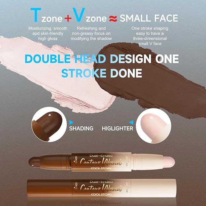 Dual-Ended Contour & Highlight Stick Cream Waterproof Contour Stick, Buildable Formula for Natural Definition and Sculpting, Flawless Cheeks, Jawlines, and Nose Contours(TAN)