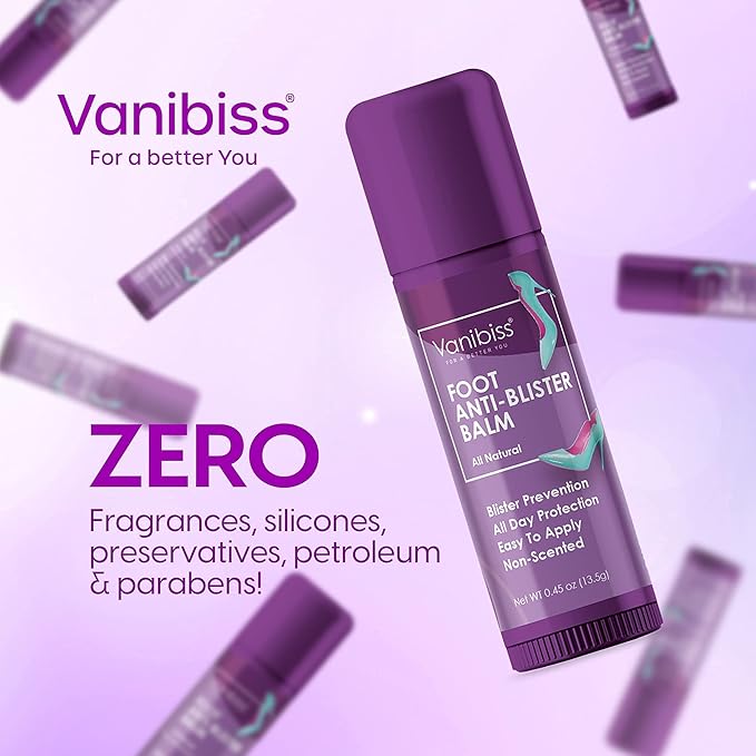 Vanibiss Foot Anti-Blister Balm - Foot Blister Prevention - Anti-Friction Balm Stick & Chafing Relief for Feet - Heel Blister Blocker - Prevent Shoe Strap Friction - Natural Care for Feet (0.45oz)