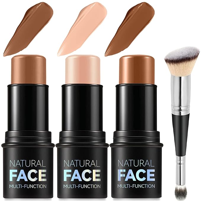 3Pcs Cream Contour Stick Makeup Kit, Shades with Highlighter, Blush and Bronzer Contour Stick for Sculpt the Cheeks, Long Lasting, Waterproof, Matte & Dewy Finish (H)