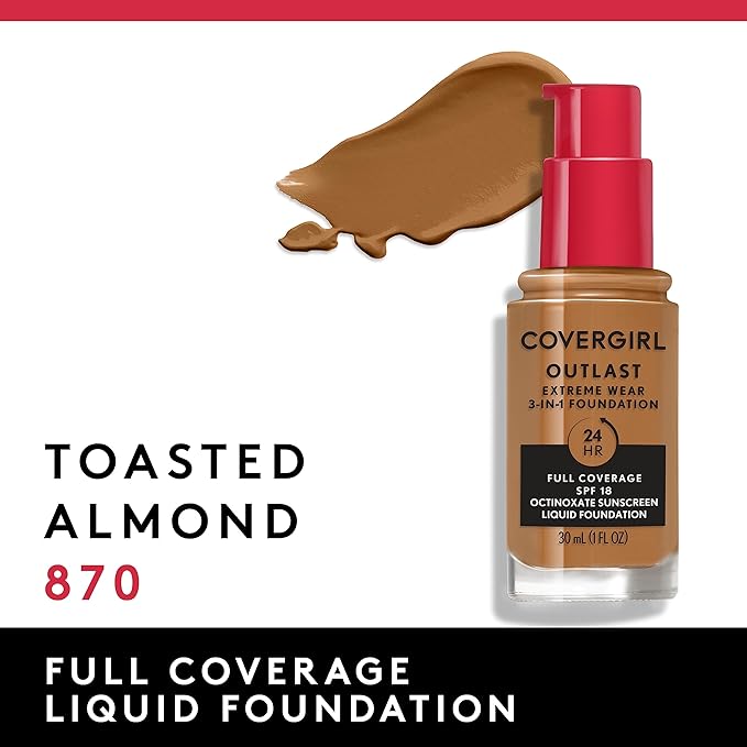 Covergirl Outlast Extreme Wear 3-in-1 Full Coverage Liquid Foundation, SPF 18 Sunscreen, Toasted Almond, 1 Fl. Oz. (Pack of 2)
