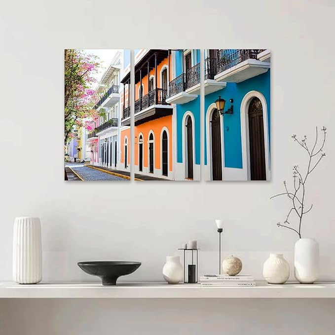 3 Piece Canvas Wall Art Prints Picture colorful house facades old san juan puerto rico colorful island Framed Wall Painting Modern Artwork Poster Home Decor for Living Room Office Ready to Hang