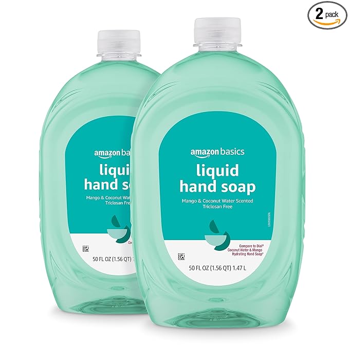 Amazon Basics Liquid Hand Soap Refill, Mango & Coconut Water Scent, Dermatologist Tested, pH Balanced, Triclosan-Free, Paraben-Free, 50 Fl Oz (Pack of 2)