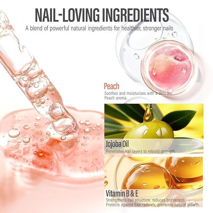 CHUCHU Vegan Cuticle Oil for Nails: Peach Jojoba Nail Cuticle Oil with Vitamin B & E for Moisturizes Cuticle and Nail's Skin - Prevents Hangnails and Chapped 15ML