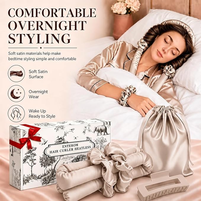 EnteromMuse Heatless Curls Overnight Satin Curling Set No Heat Hair Curler for Long & Short Hair, Heatless Curling Rod&Rollers for Soft Bouncy Curls Complete Kit with Storage Bag(Beige, Original)