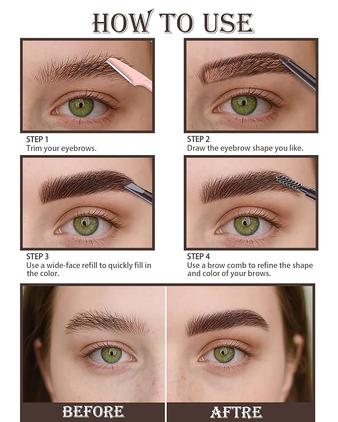Waterproof Eyebrow Pencils for Women, 6Pcs Double-ended Dark Brown Eye Brow Pencil with Razor Kit, Triangular Tip Design Makes it Easier to Define and Fill in Brows for a Natural Look