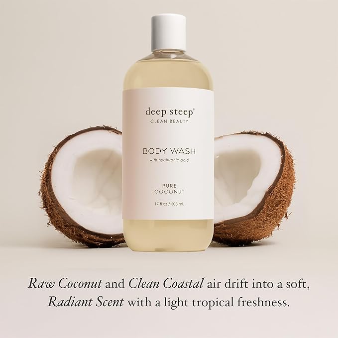 Deep Steep Pure Coconut Body Wash, Hydrating Shower Gel with Hyaluronic Acid & Shea Butter for Sensitive Skin, Bodywash for Women & Men, 17 Fl Oz, 1-Pack