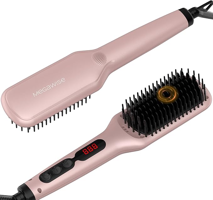 MEGAWISE Hair Straightener Ceramic Brush – Flat Iron Hot Brush, Anti-Scald, Dual Voltage, Rotatable Cord, Auto Shutoff, Anti-Frizz – for All Hair Types (Pink)