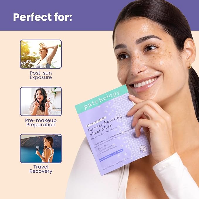 Patchology Skin Remedy Barrier-Boosting Sheet Mask – Single Use Face Mask with Ectoin, Ceramides & Probiotics – Hydrates, Protects & Nourishes – Suitable for Sensitive & All Skin Types (Pack of 3)
