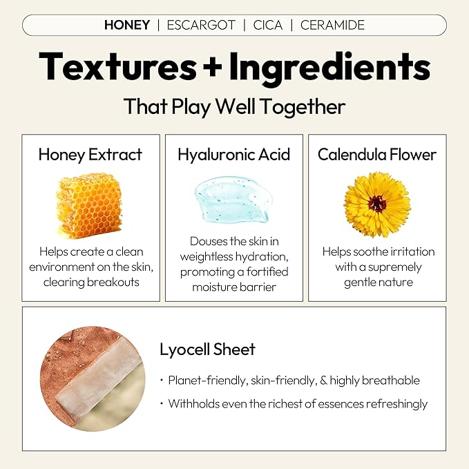 LAPCOS Skin Barrier Repair Sheet Mask Variety Pack - Escargot, Cica, Ceramide, Honey - 4 Types of K Beauty Face Mask Set to Hydrate & Soothe - Highly Breathable Sheet - Korean Skin Care (Pack of 12)