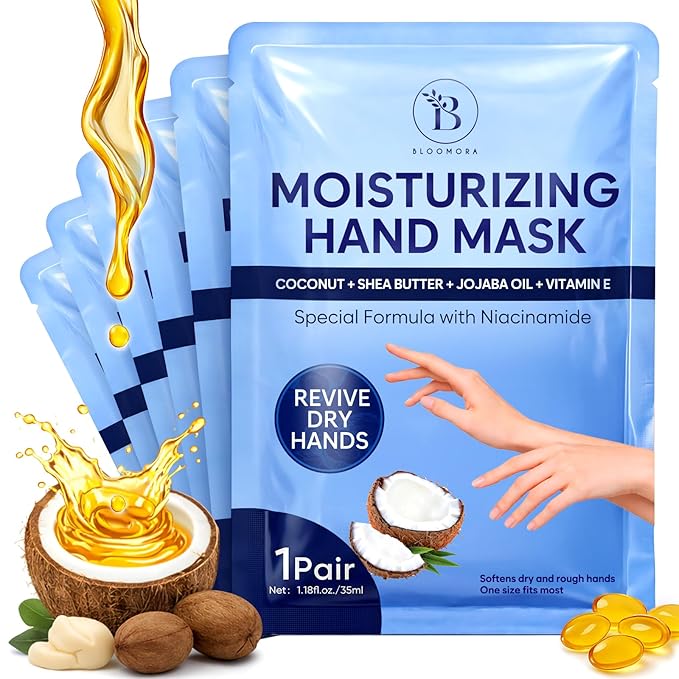 Repairing Hand Mask for Dry Cracked Hands, Hand Masks with Coconut, Shea Butter, Jojoba Oil & Vitamin E, Moisturizing Gloves, Skin Care Gifts for Women & Men, Self Care Gifts for Women (6 Pairs)
