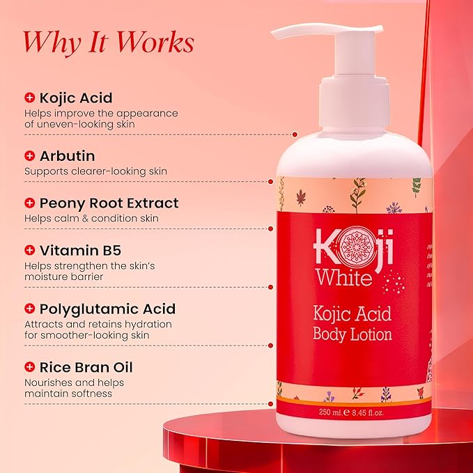 Koji White Kojic Acid Body Lotion – Vegan Moisturizing Lotion for Dry Skin, Hydrating and Nourishing, Paraben-Free, 8.45 Fl Oz