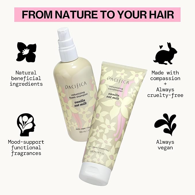Pacifica Vanilla Oat Milk Volumizing Foam Shampoo – Weightless Foaming Shampoo for Fine or Flat Hair, Adds Volume & Body, Hydrating Oat Milk, Sulfate-Free, Vegan