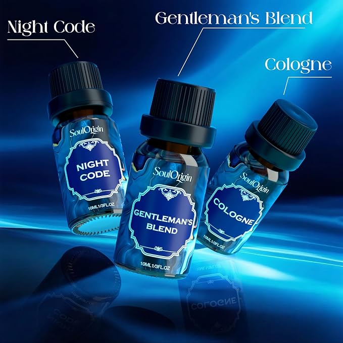 Soulorigin Cologne Fragrance Oils Set, Essential Oil for Diffuser, Men Scent Diffuser Oil, Use for Soap Candle Making, Cologne, Leather&Musk, Revive Blue, Sunlit Wander, Gentleman's Blend, Night Code