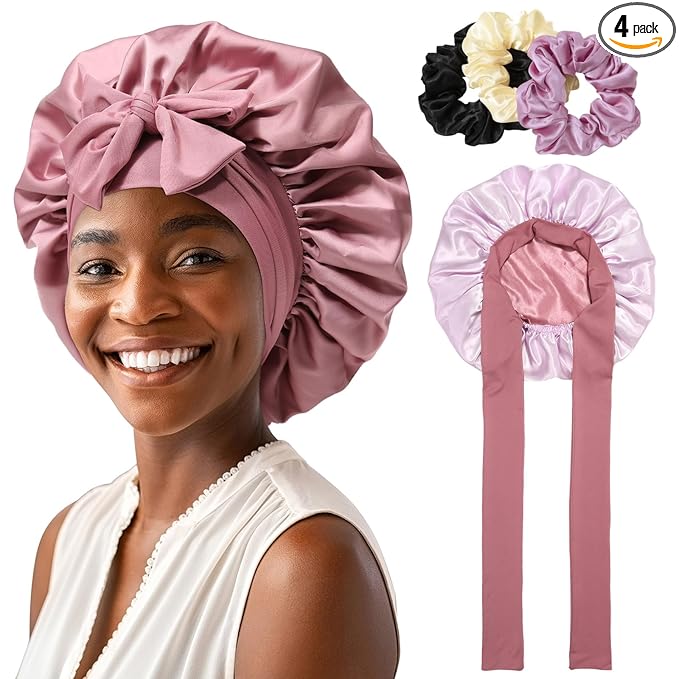 AWAYTR Women's Reversible Satin Bonnet with 3PCS Hair Scrunchies Tie Band for Sleeping, Large 2 Layered Silk Sleeping Cap Nightcap (Reversible (Dust Rose/Pink))