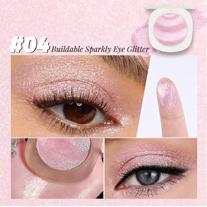 CAKAILA Pink Shimmer Glitter Sparkling Monochrome Eyeshadow Palette,Metallic Single Eye Shadow Palette for Older Women,Long Lasting Naturing-Looking Eye Makeup