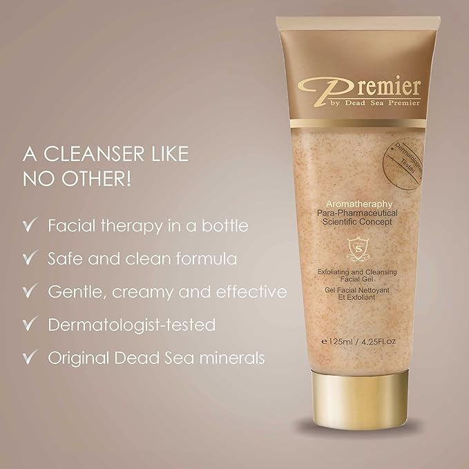 Premier Dead Sea Face Scrub, Exfoliating Face Wash for Women and Men, Para-Pharmaceutical Facial Gel Cleanser with Dead Sea Salt Minerals, Micro Grains, Non-Drying (4.25 Fl oz)
