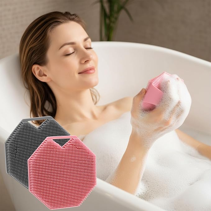 Ouligay 2 Pack Silicone Body Scrubber Exfoliator Shower Scrubber for Sensitive Skin Cleaning Silicone Loofah with Ergonomic Anti Slippery Handle Travel Friendly for Men & Women