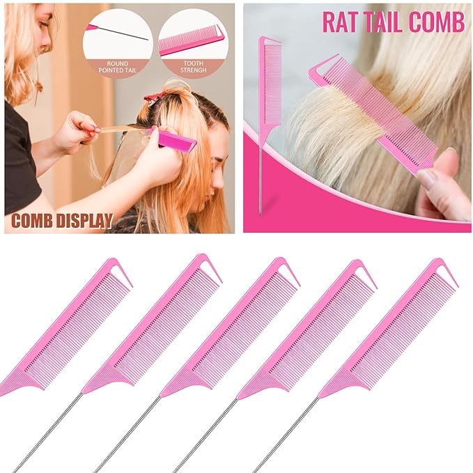25Pcs Hair Styling Combs Set Include 10 Pcs Topsy Hair Tail Tools 5pcs Rat Tail Comb,5 Bristle Teasing Slick Back hair Brush,5 Edge Control Brush,Eyebrow Brush for Woman Girl Pink