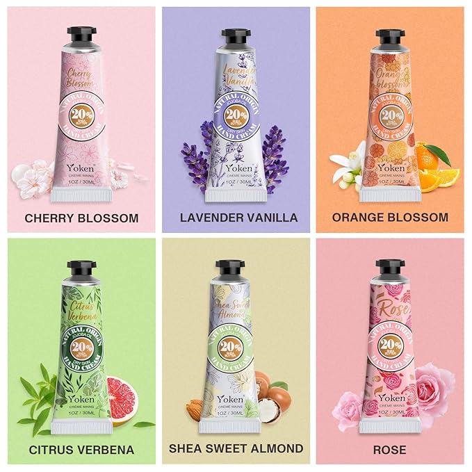 Yoken 20% Shea Butter Hand Cream Gift Set, Instant Soothing Moisturizing Hand Cream for Women Nourishes Dry Hands, 6-Piece Delicate Tin Gift Set Almond, Citrus Verbena & Floral-Scented, 6 x 1 OZ